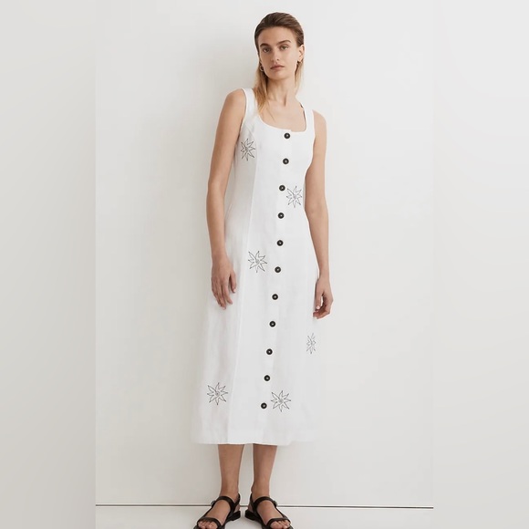 Madewell Dresses & Skirts - Madewell 100% Linen Embroidered Button Front Midi Dress